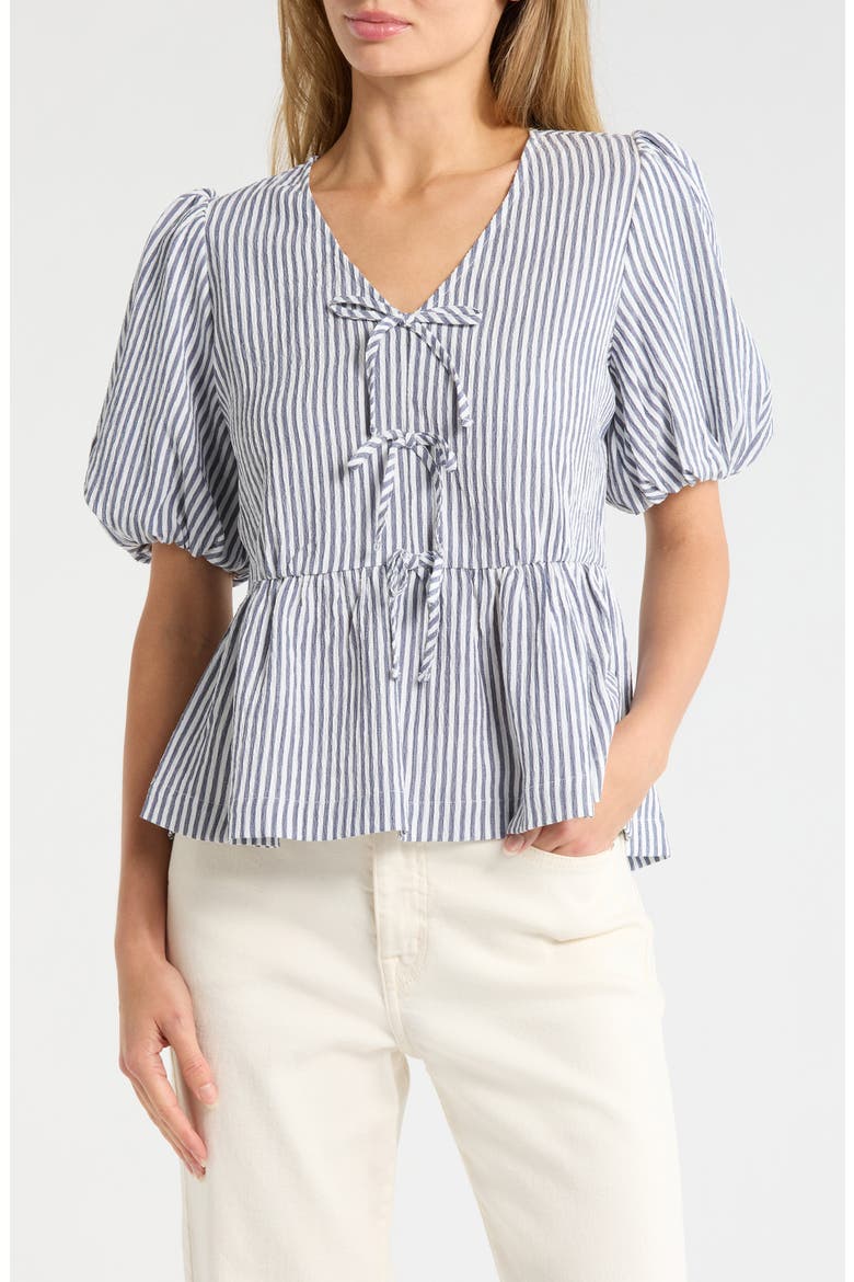 Bow Short Sleeve Seersucker Peplum Top, Main, color, NAVY WHITE