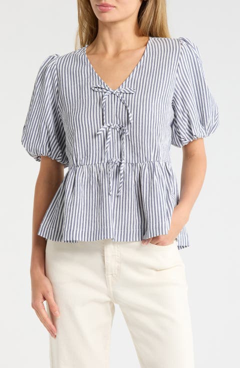 Bow Short Sleeve Seersucker Peplum Top