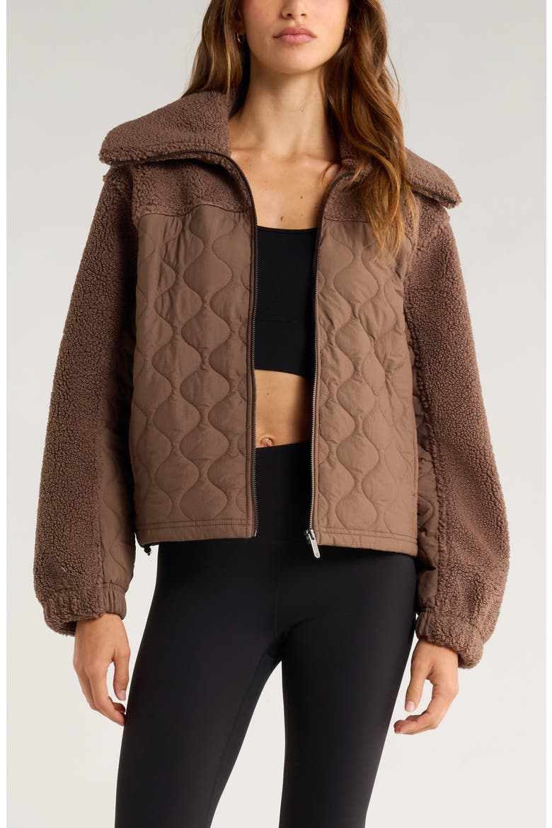 Faux Shearling & Quilted Nylon Hybrid Jacket, Main, color, BROWN QUARTZ