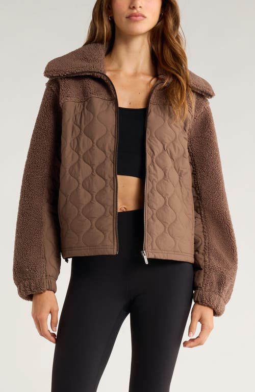 Zella Faux Shearling & Quilted Nylon Hybrid Jacket In Brown