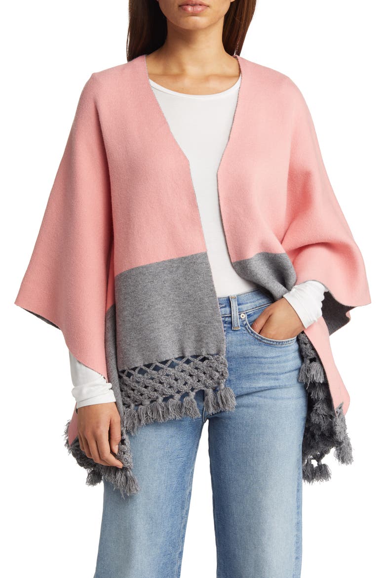 Colorblock Fringe Ruana, Main, color, PINK