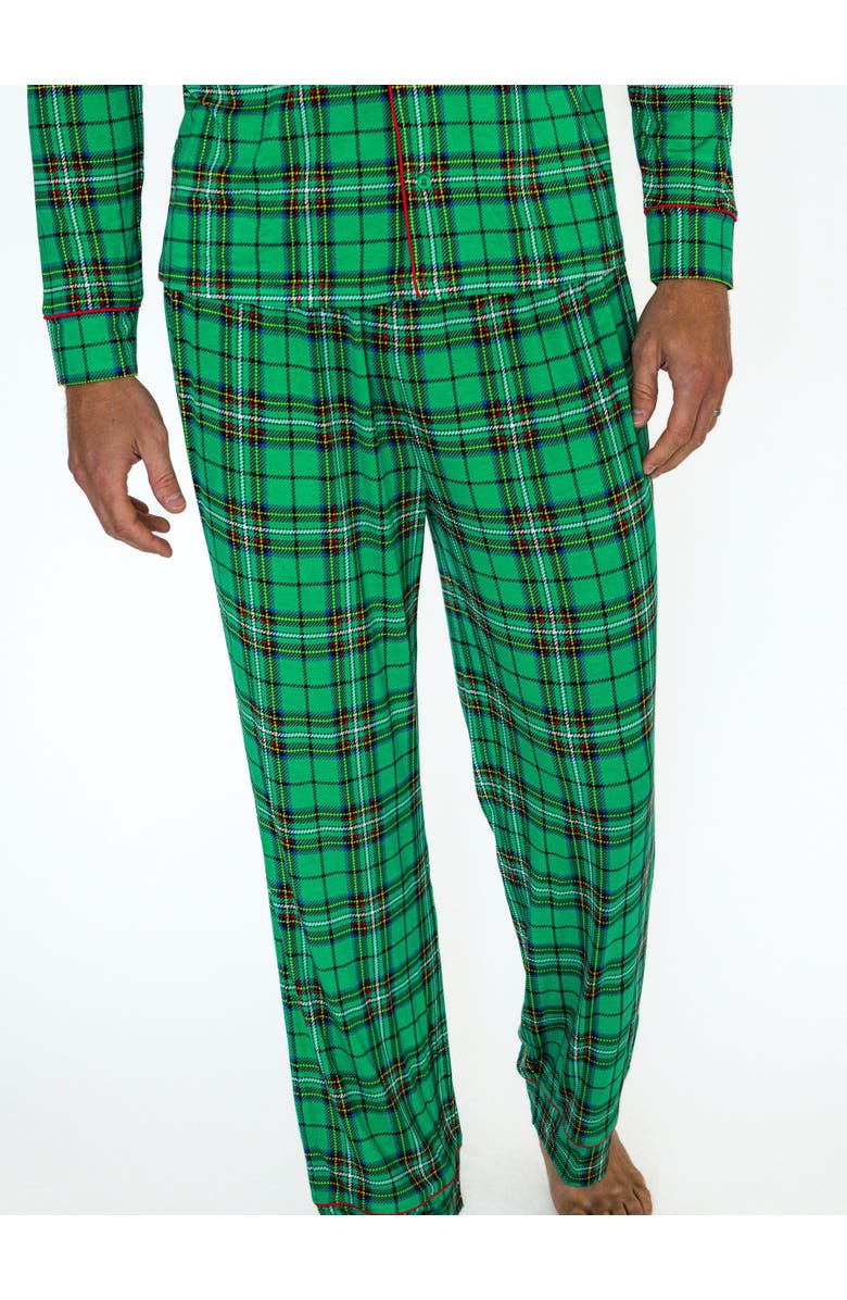 RuffleButts SoftSnooze Adult Gender Inclusive Holiday Button Up Pajama Set, Alternate, color, Green Nicholas Plaid