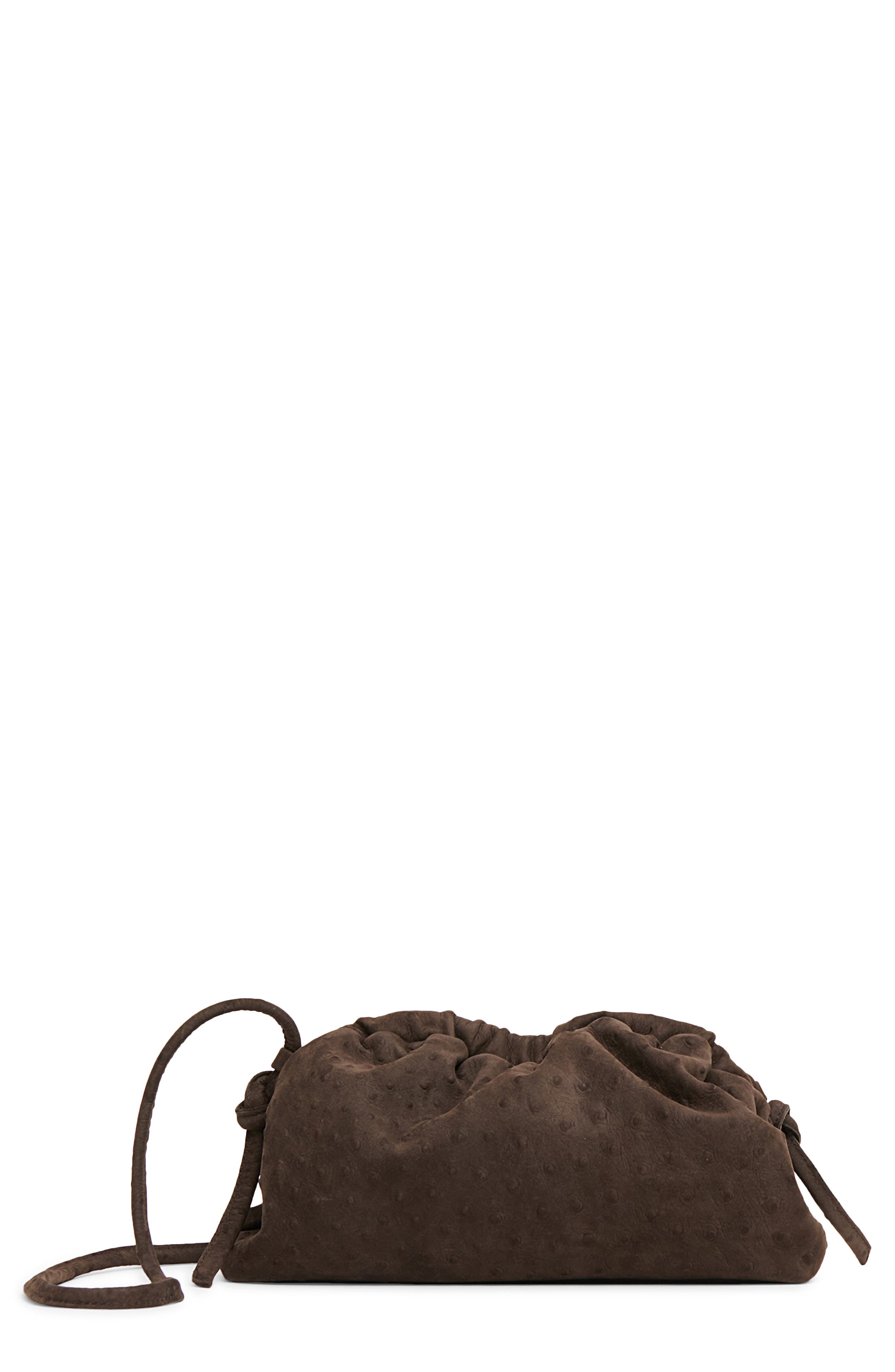 Mini Cloud Ostrich Embossed Suede Clutch, Main, color, EBONY