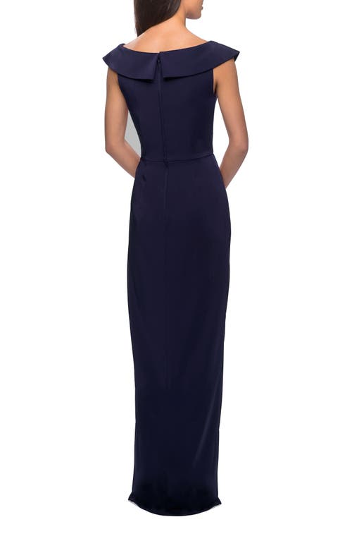 La Femme Long Jersey Dress With Ruching And Cap Sleeves In Navy