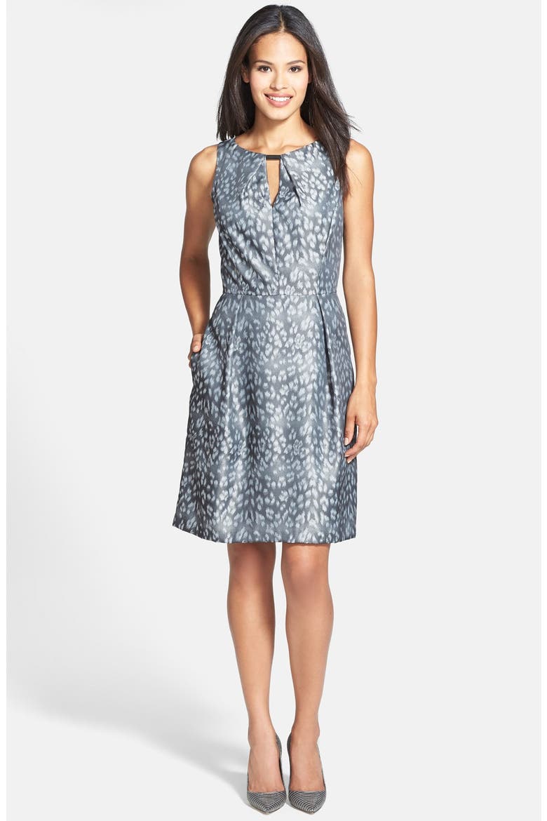 Bar Neck Metallic Jacquard Fit & Flare Dress, Alternate, color, GREY