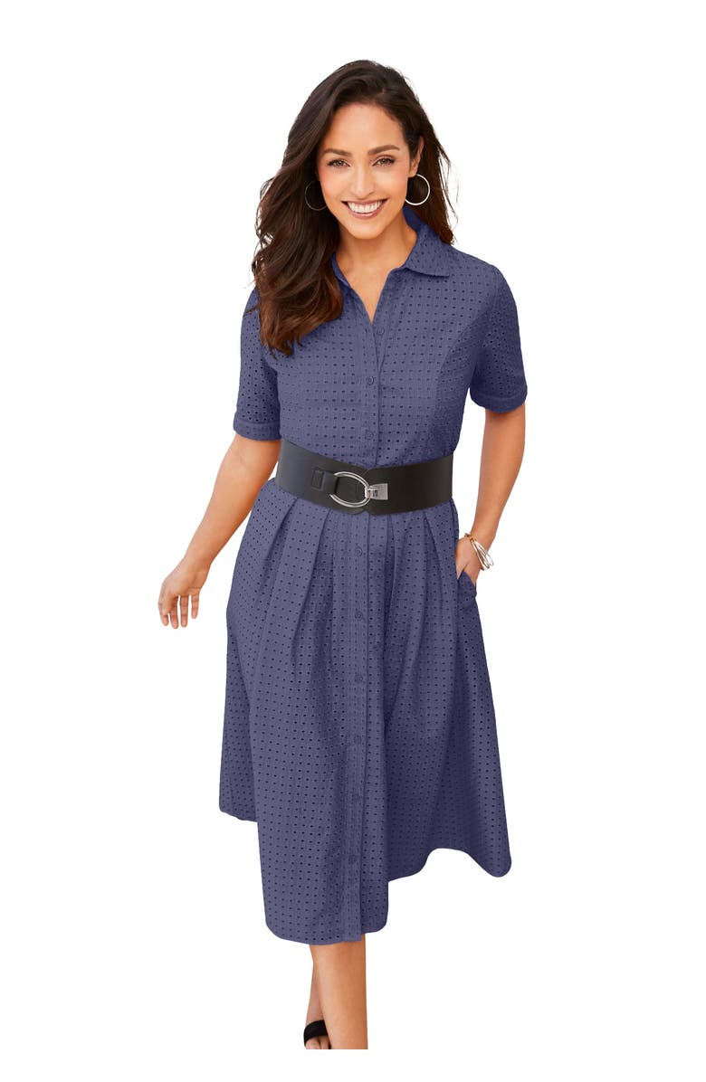 Jessica London Eyelet Shirt Dress, Main, color, Deep Dusk