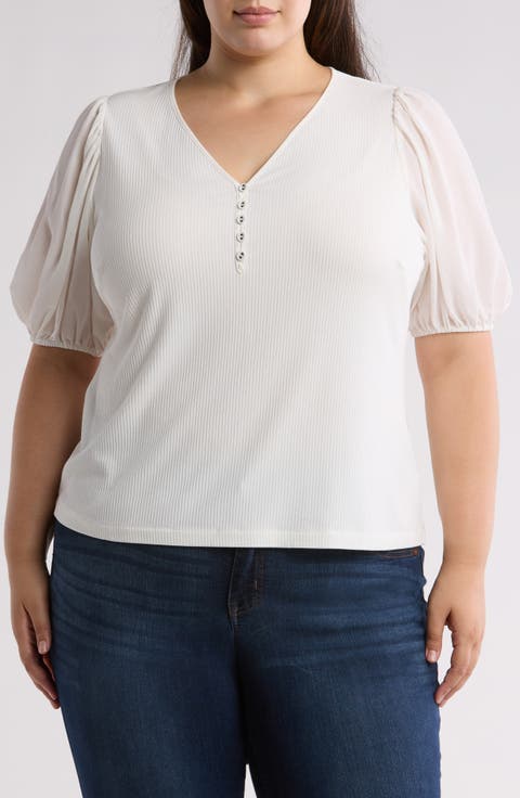 Esme Puff Sleeve Mixed Media Top (Plus)