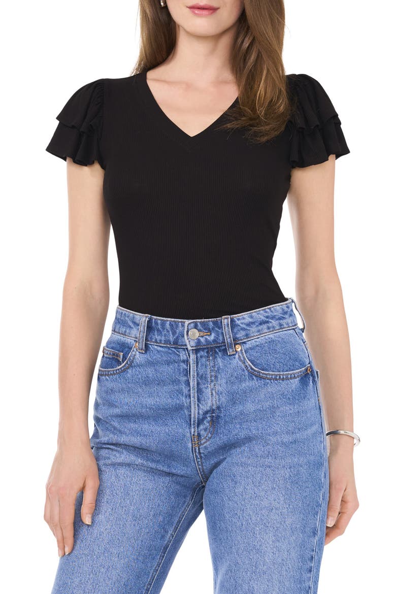 Flutter Sleeve Rib Top, Alternate, color, RICH BLACK