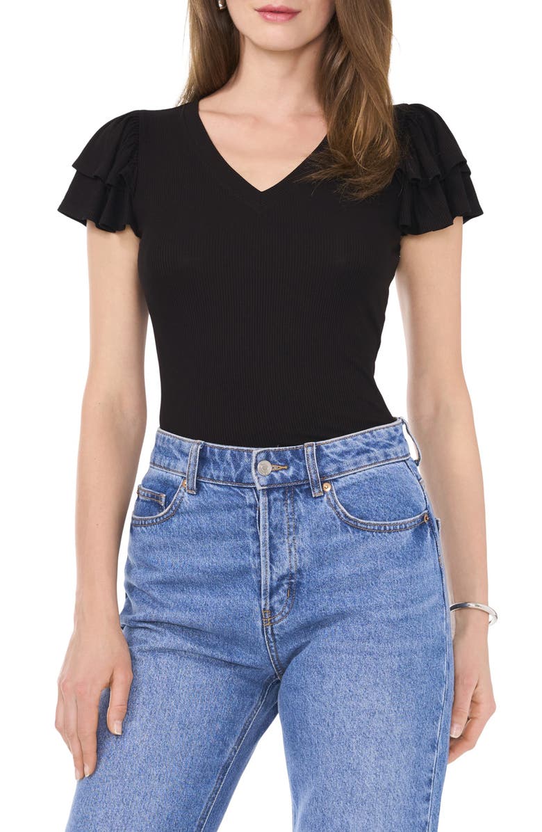 1.STATE Flutter Sleeve Rib Top, Alternate, color, Rich Black
