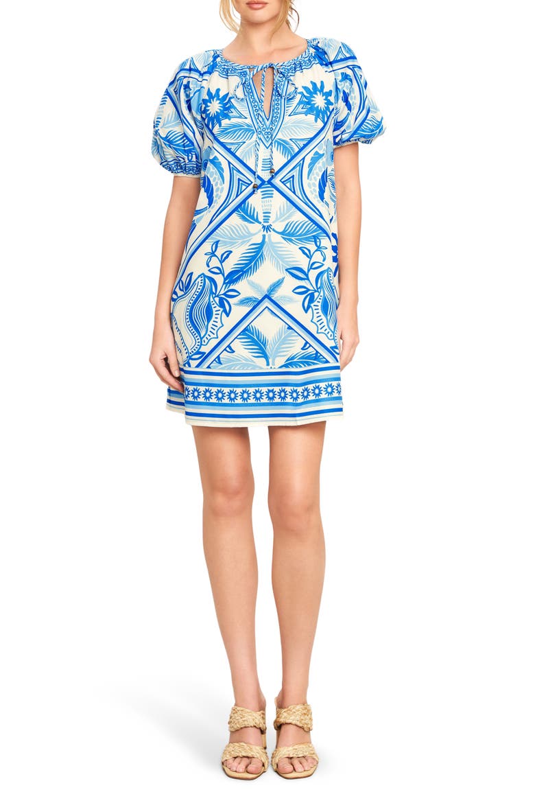 Tie Keyhole Puff Sleeve Minidress, Main, color, IVORY BLUE
