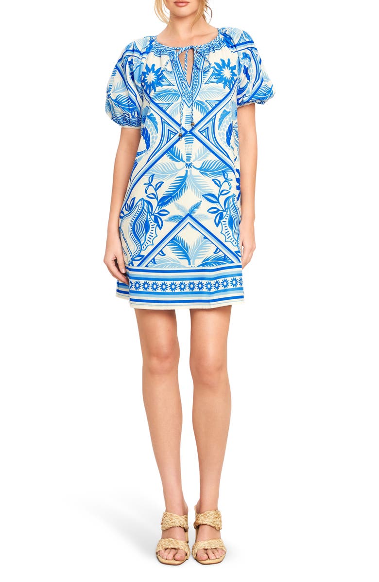 FLYING TOMATO Tie Keyhole Puff Sleeve Minidress, Main, color, Ivory Blue