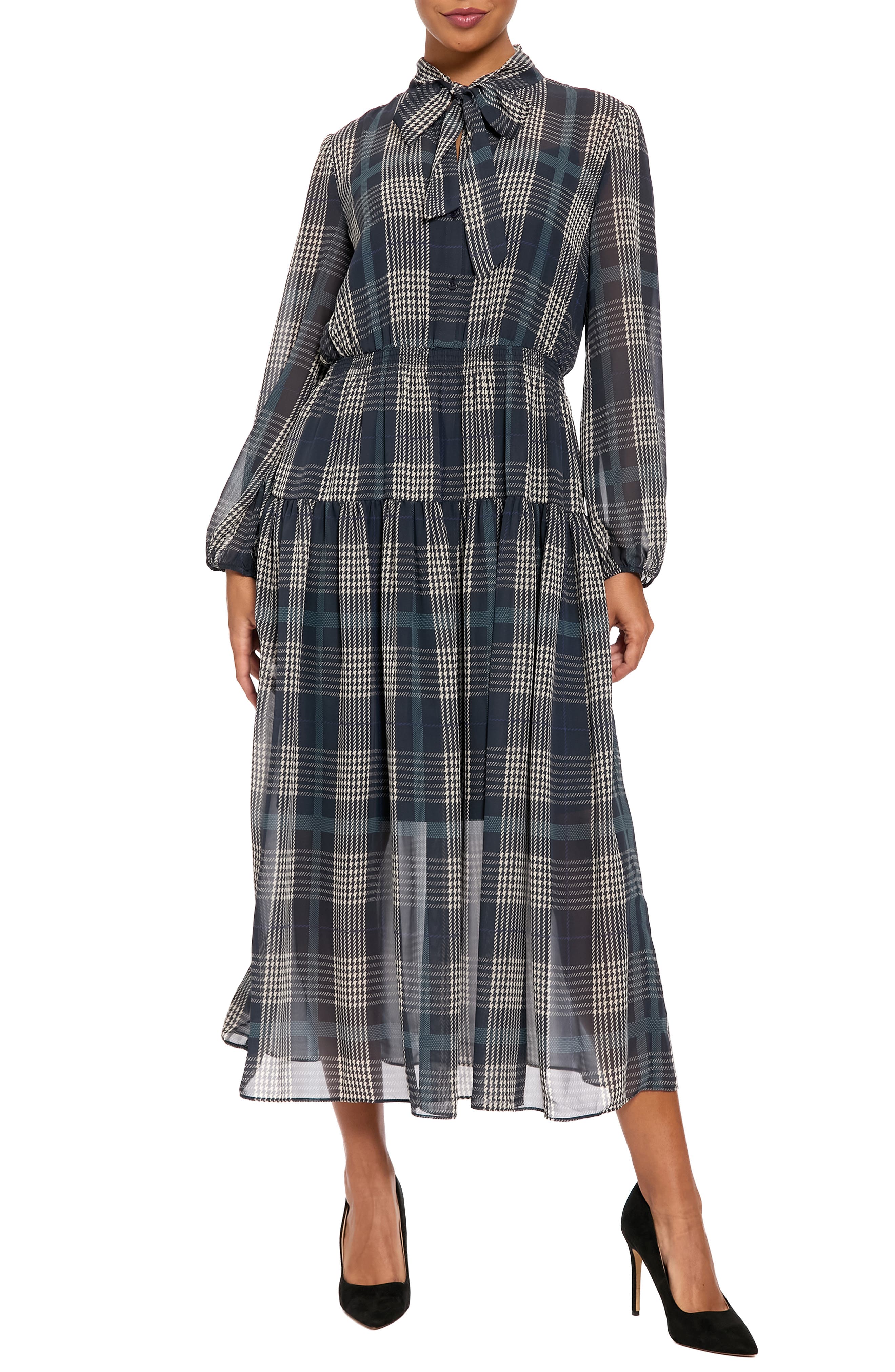 Tie Neck Long Sleeve Chiffon Maxi Dress