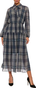 London Times Tie Neck Long Sleeve Chiffon Maxi Dress