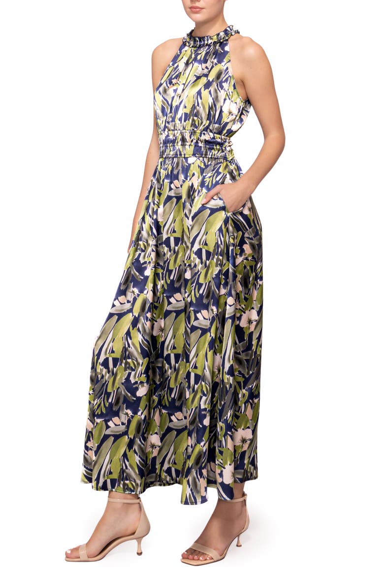 Print Ruffle Sleeveless Maxi Dress, Alternate, color, BLUE GREEN LEAF