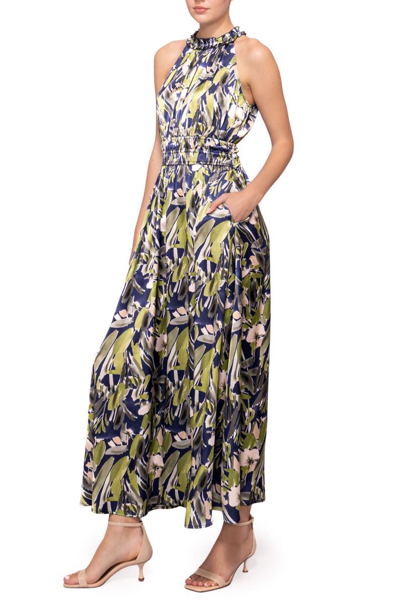 MELLODAY Print Ruffle Sleeveless Maxi Dress, Alternate, color, Blue Green Leaf