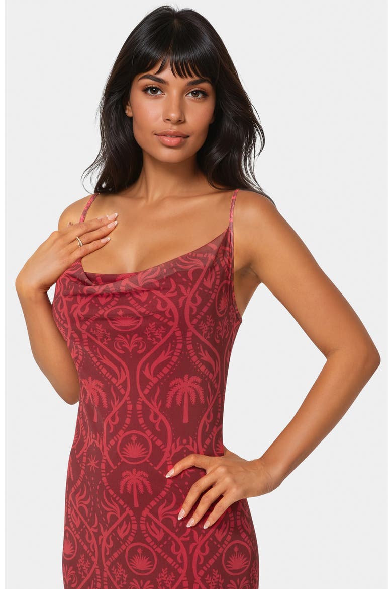 Printed Mesh Cowl Midi Dress, Alternate, color, MERLOT