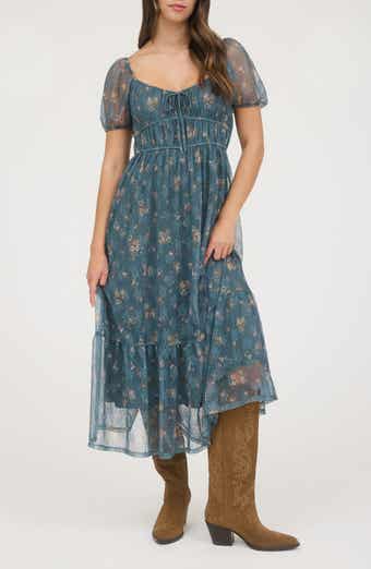 Blu Pepper Puff Sleeve Midi Dress