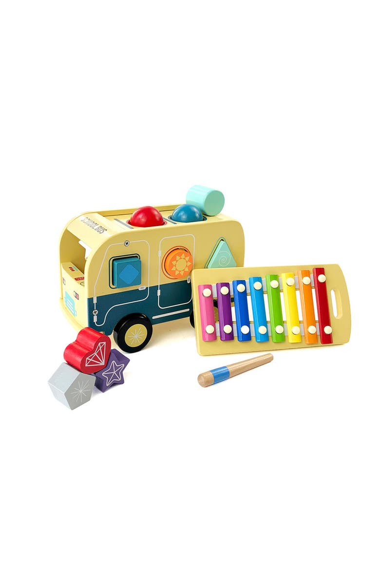 School Bus Pound and Tap Bus Bench, Wooden Toy Bus with Slide Out Xylophone, Alternate, color, Yellow