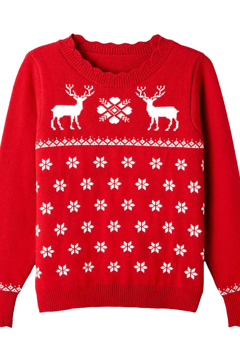Novelty Holiday Snowflake Pullover Sweater, Alternate, color, RED REINDEER
