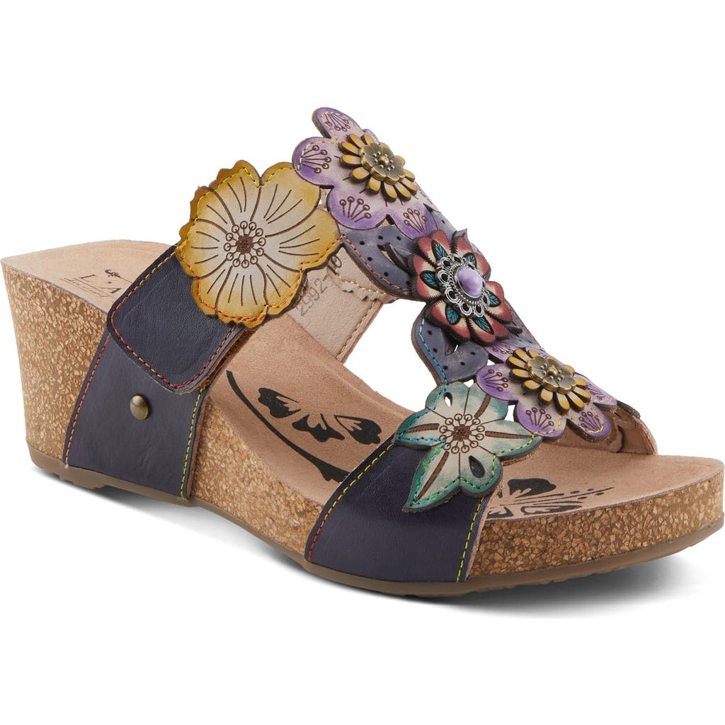 L'artiste By Spring Step Prettypetals Platform Wedge Slide Sandal In Navy Multi