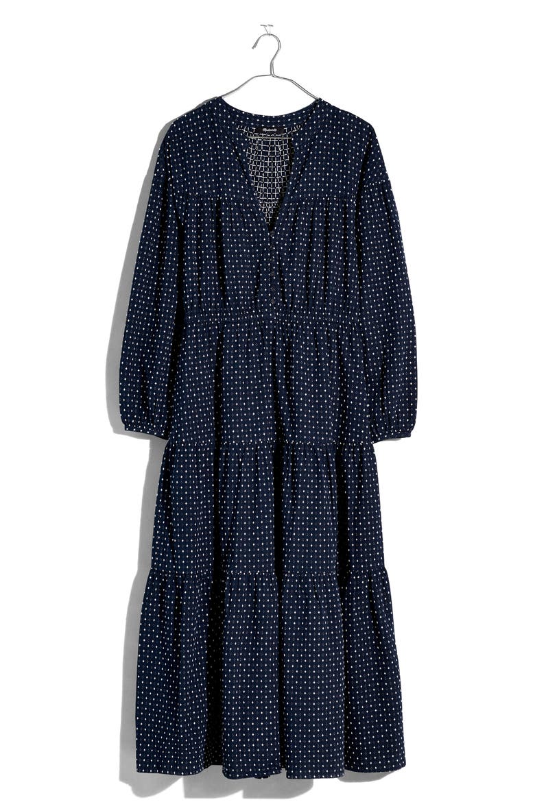 V-Neck Tiered Long Sleeve Dobby Midi Dress, Alternate, color, BLACK JACQUARD