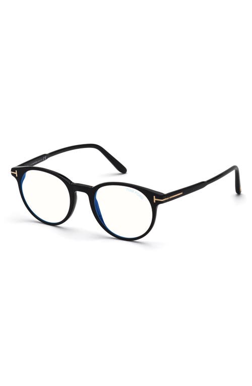 Tom Ford 49mm Round Blue Light Blocking Glasses In Shiny Black/blue Block
