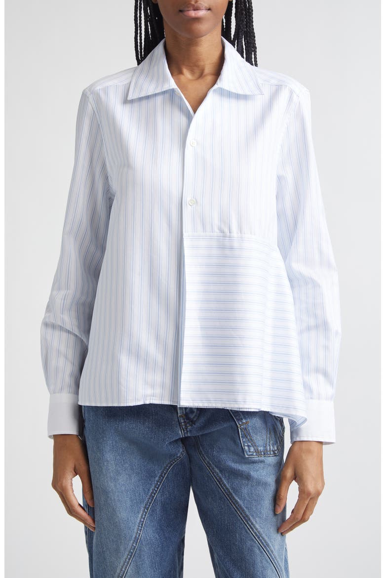Asymmetric Draped Stripe Poplin Button-Up Shirt, Main, color, WHITE/ BLUE