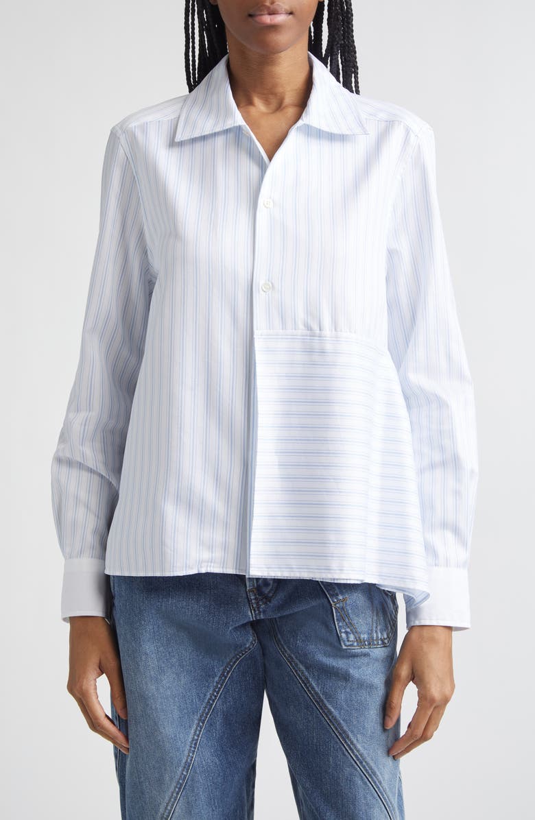 JW Anderson Asymmetric Draped Stripe Poplin Button-Up Shirt, Main, color, White/ Blue