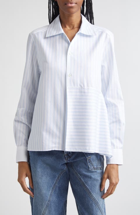 Asymmetric Draped Stripe Poplin Button-Up Shirt