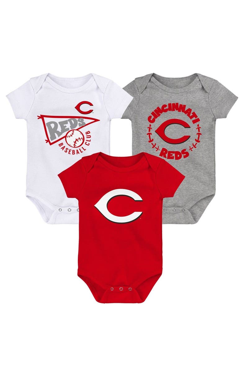 Outerstuff Infant Red/White/Heather Gray Cincinnati Reds Biggest Little Fan 3-Pack Bodysuit Set, Main, color, Red