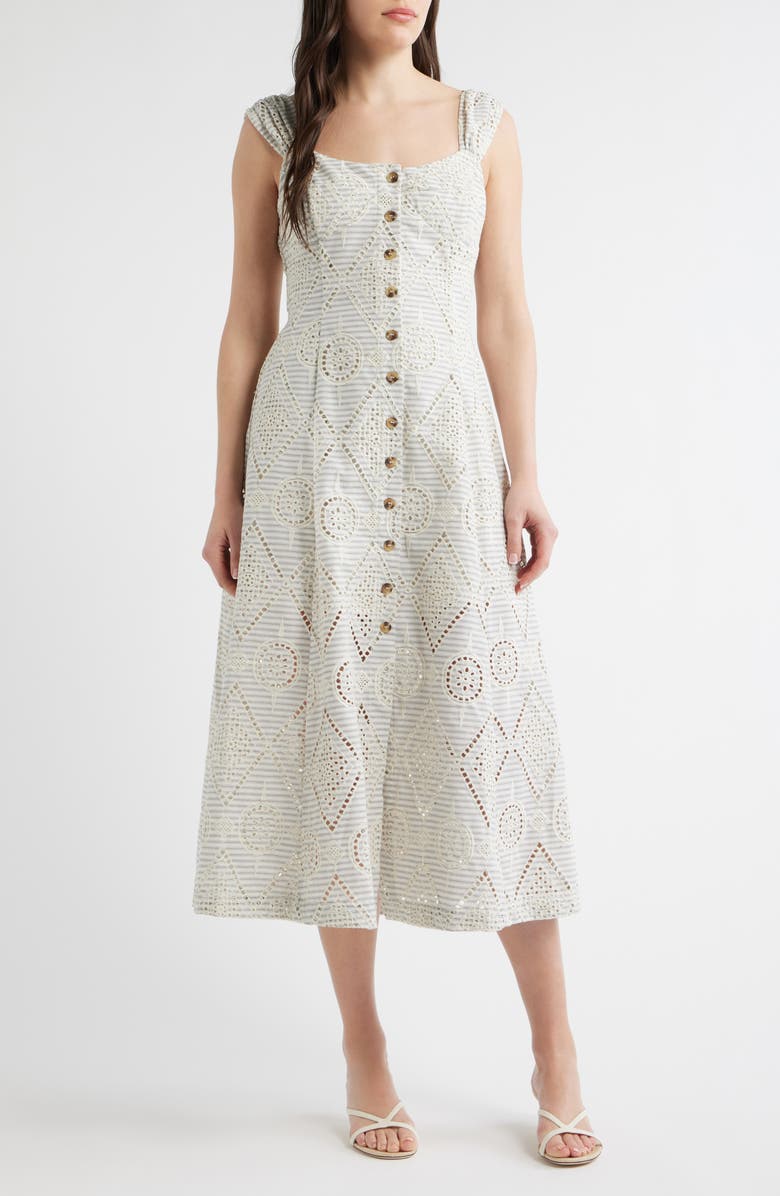 ZOE AND CLAIRE Eyelet Detail Stripe Dress, Main, color, Cream
