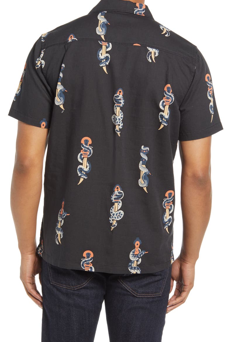 Snake & Dagger Cotton & Linen Button-Up Camp Shirt, Alternate, color, BLACK