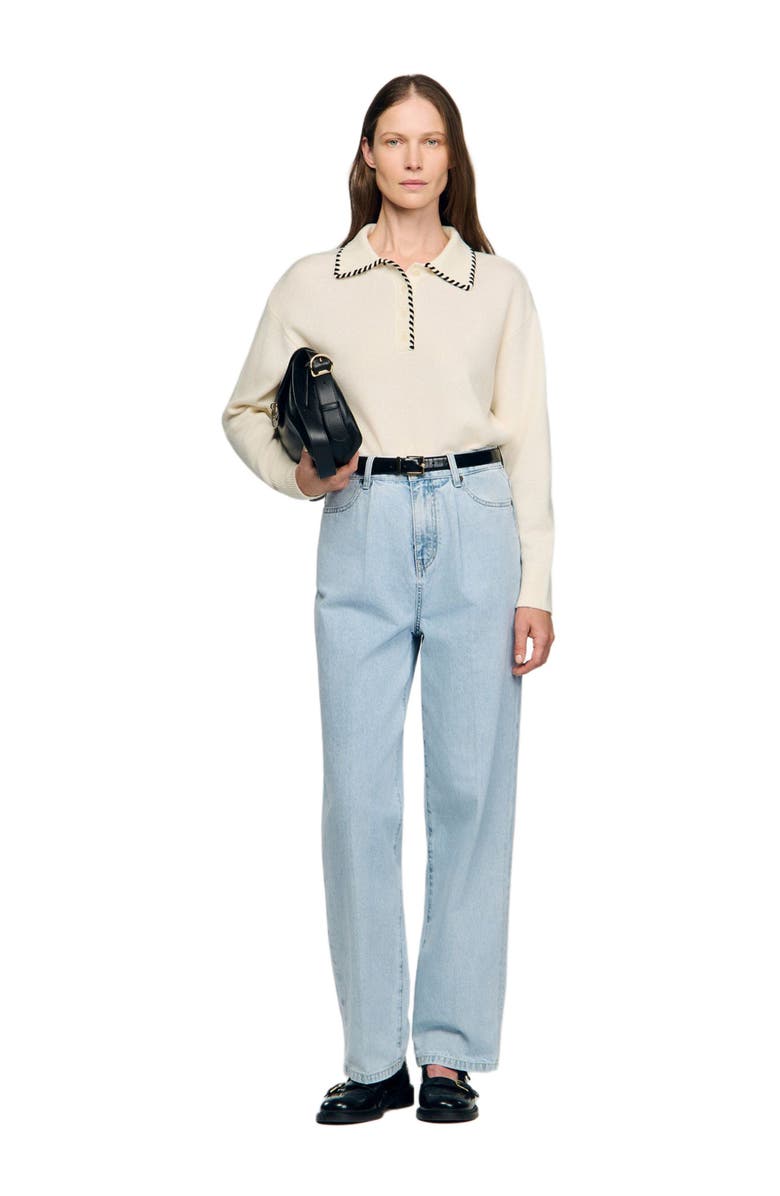 SANDRO Contrast polo-neck knit sweater, Alternate, color, Ecru / Black