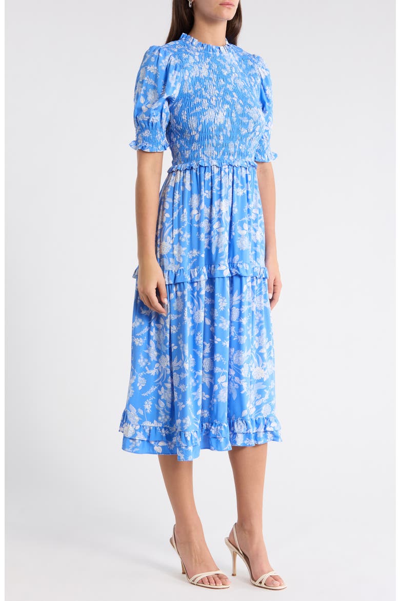 Odella Floral Analisa Smocked Midi Dress, Alternate, color, BLUE-WHITE