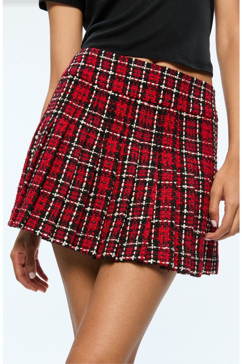Mera Plaid Pleated Tweed Miniskirt, Alternate, color, SCHOOLGIRL PLAID BRIGHT RUBY