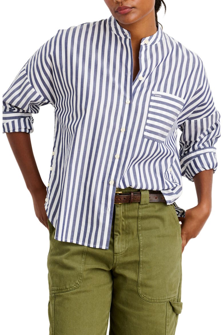 Mixed Stripe Band Collar Button-Up Shirt, Main, color, NAVY/ WHITE