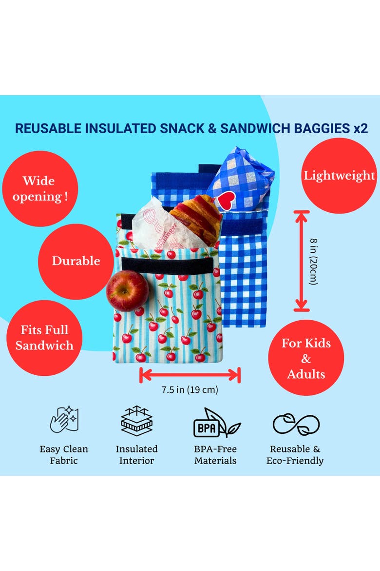 Reusable Sandwich Bags - Insulated, Washable, Eco-Friendly Fabric Pouches for Snacks, Wraps & Lunches, Alternate, color, Vichy and Cherry Stripes