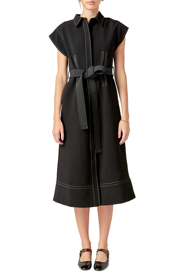 Contrast Stitch Tie Waist Midi Dress, Main, color, BLACK/WHITE