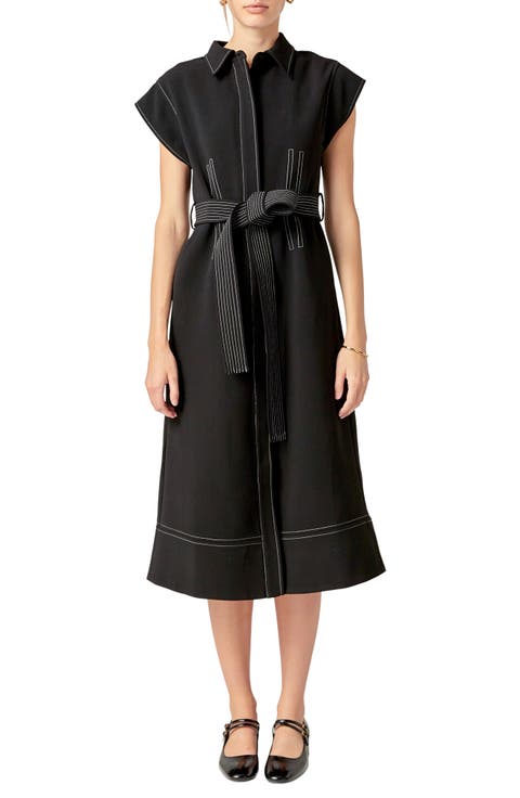 Contrast Stitch Tie Waist Midi Dress