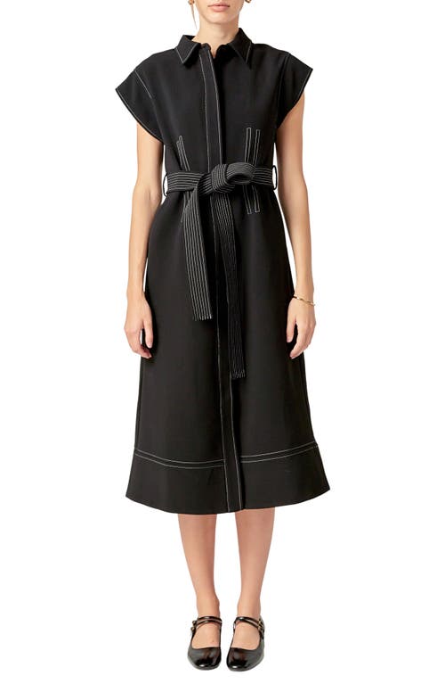 ENGLISH FACTORY ENGLISH FACTORY CONTRAST STITCH TIE WAIST MIDI DRESS