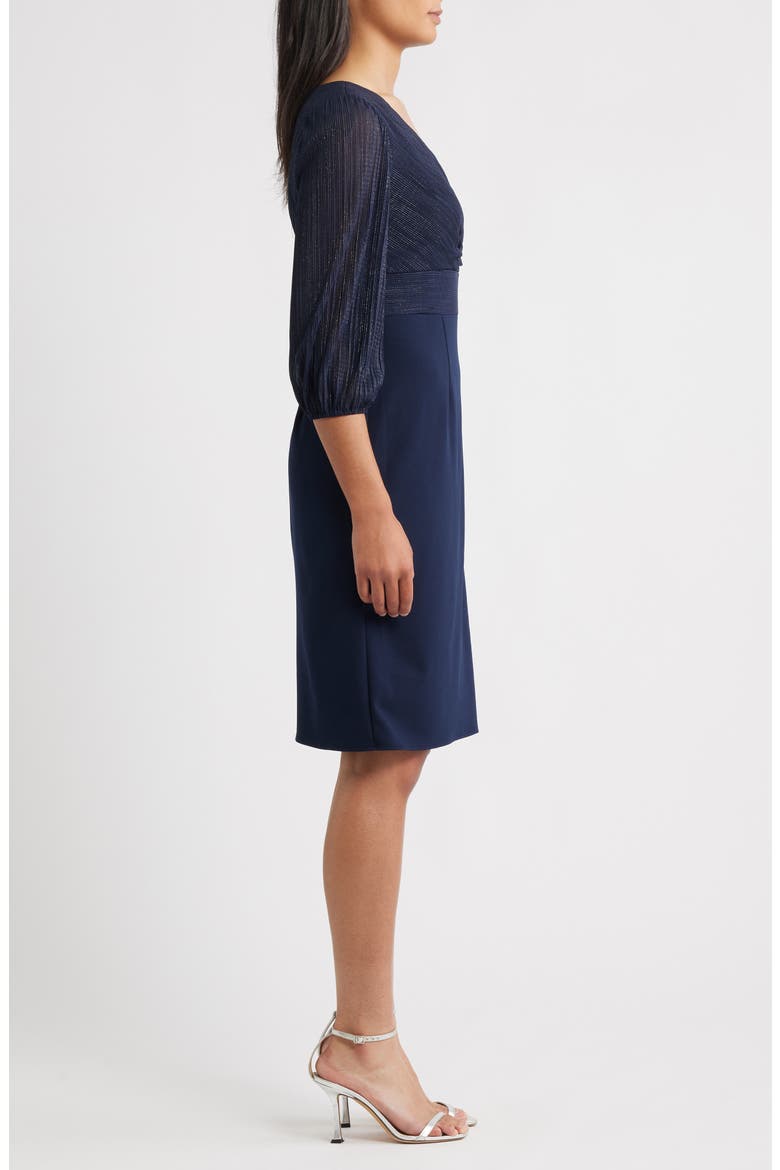 Pleated Metallic Mixed Media Cocktail Sheath Dress, Alternate, color, DARK NAVY
