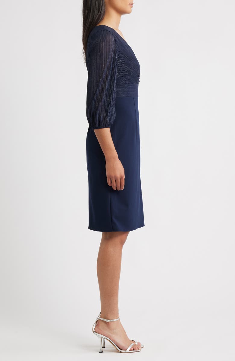 Alex Evenings Pleated Metallic Mixed Media Cocktail Sheath Dress, Alternate, color, Dark Navy