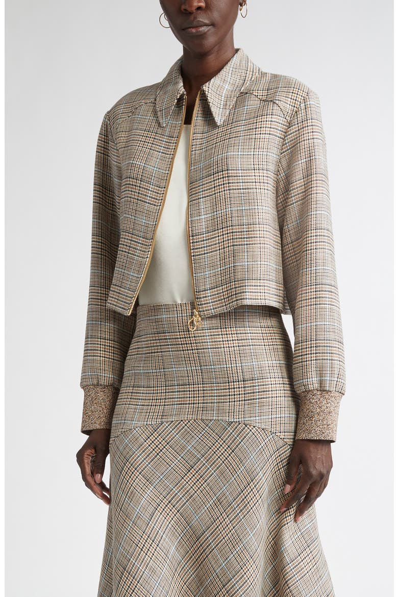 Prince of Wales Plaid Crop Jacket, Main, color, CAMEL/ ECRU/ MOULINE