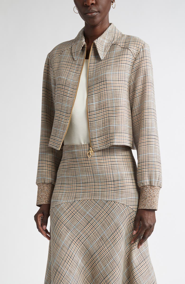 ST. JOHN Prince of Wales Plaid Crop Jacket, Main, color, Camel/ Ecru/ Mouline