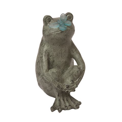 15.25 Inch Gray Spring Frog and Butterfly Decorative Object Polyresin Garden Decor