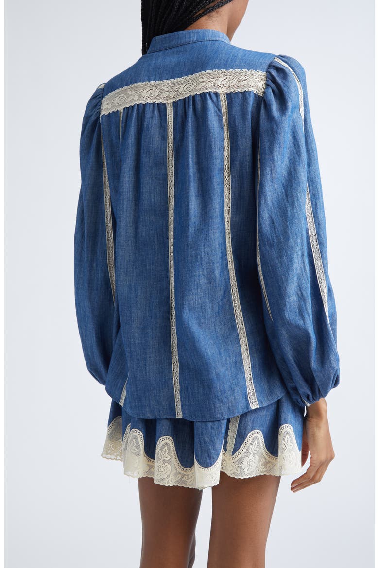 Awaken Lace Trim Denim Shirt, Alternate, color, RAILWAY BLUE