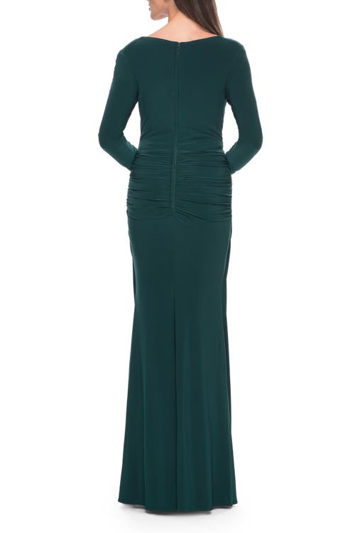 La Femme Long Jersey Evening Dress With Draped Neckline In Hunter Green