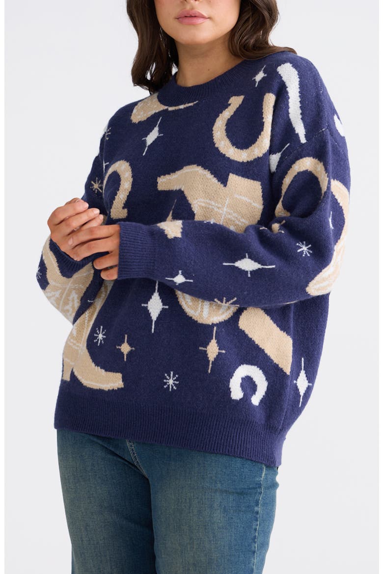 Lucky Boots Crewneck Sweater, Alternate, color, NAVY