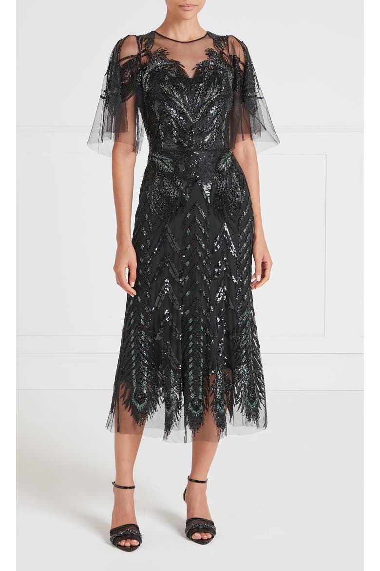 Peacock Midi Dress, Main, color, Black