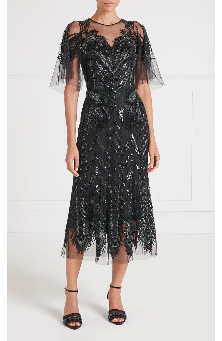 Temperley London Peacock Midi Dress, Main, color, Black